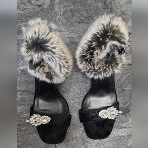 Black velvet with faux fur strap heels
